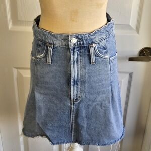 Agolde Denim Mini Skirt Size 24 A Line Frayed‎ Hem Pockets Medium Wash Blue